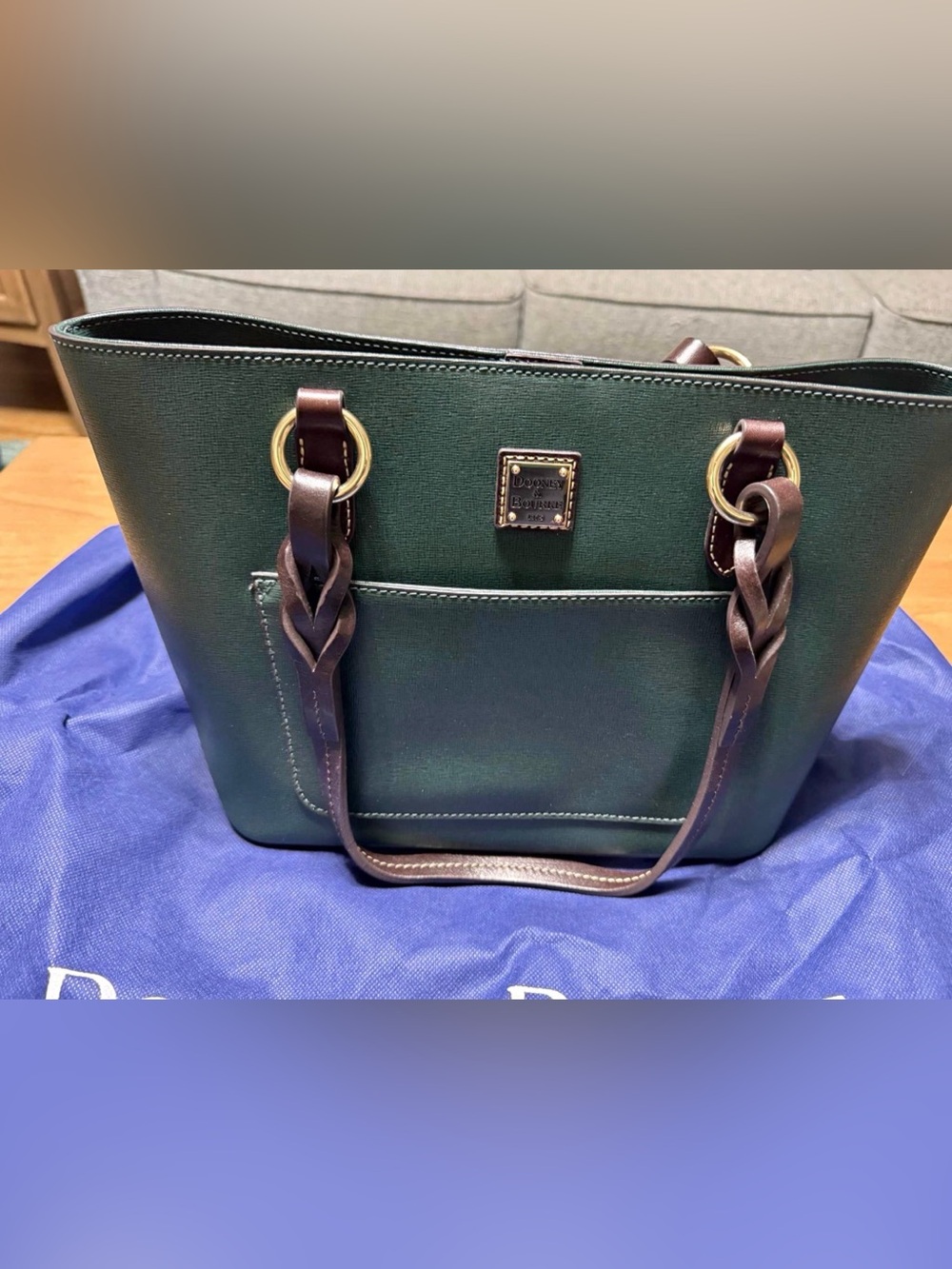Dooney & Bourke Green Leather Tote with Brown Braided Handles and Gold Hardware
